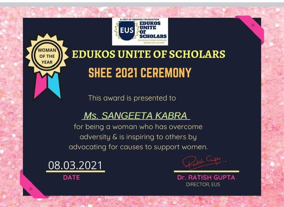 Edukos Unite of Scholars - Shee 2021 Ceremony Award - Sangeeta Kabra - The Certified Life and Leadership Coach